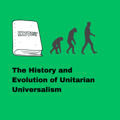 A white book with the word "History" and three figures depicting major stages of man's evolution with the words "The History and Evoluition of Unitarian Universalism" written at the bottom of the image.